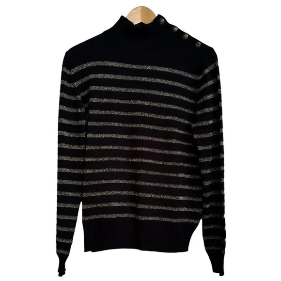 Nili Lotan Cashmere Spruce Sweater Size XS Black with Gold Lurex Stripes - Picture 2 of 7